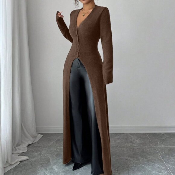 Coffee Brown Women's Elegant Casual Cardigan - Picture 3 of 6